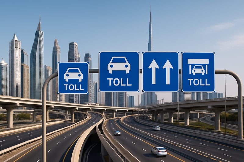 Dubai skyline with modern highways and toll road signs