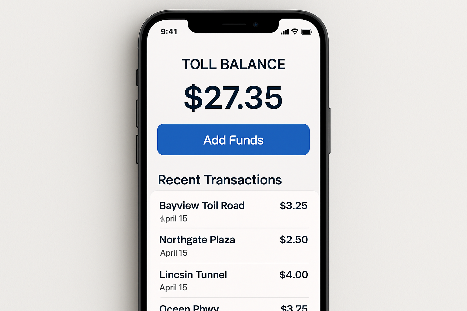 Mobile app displaying toll balance and transactions